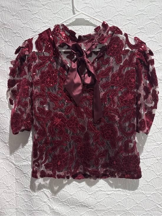 Anthropologie Tops - Anthropologie XS Burgundy Sequin Lace Overlay Blouse 2 Piece shirt/Tank Top